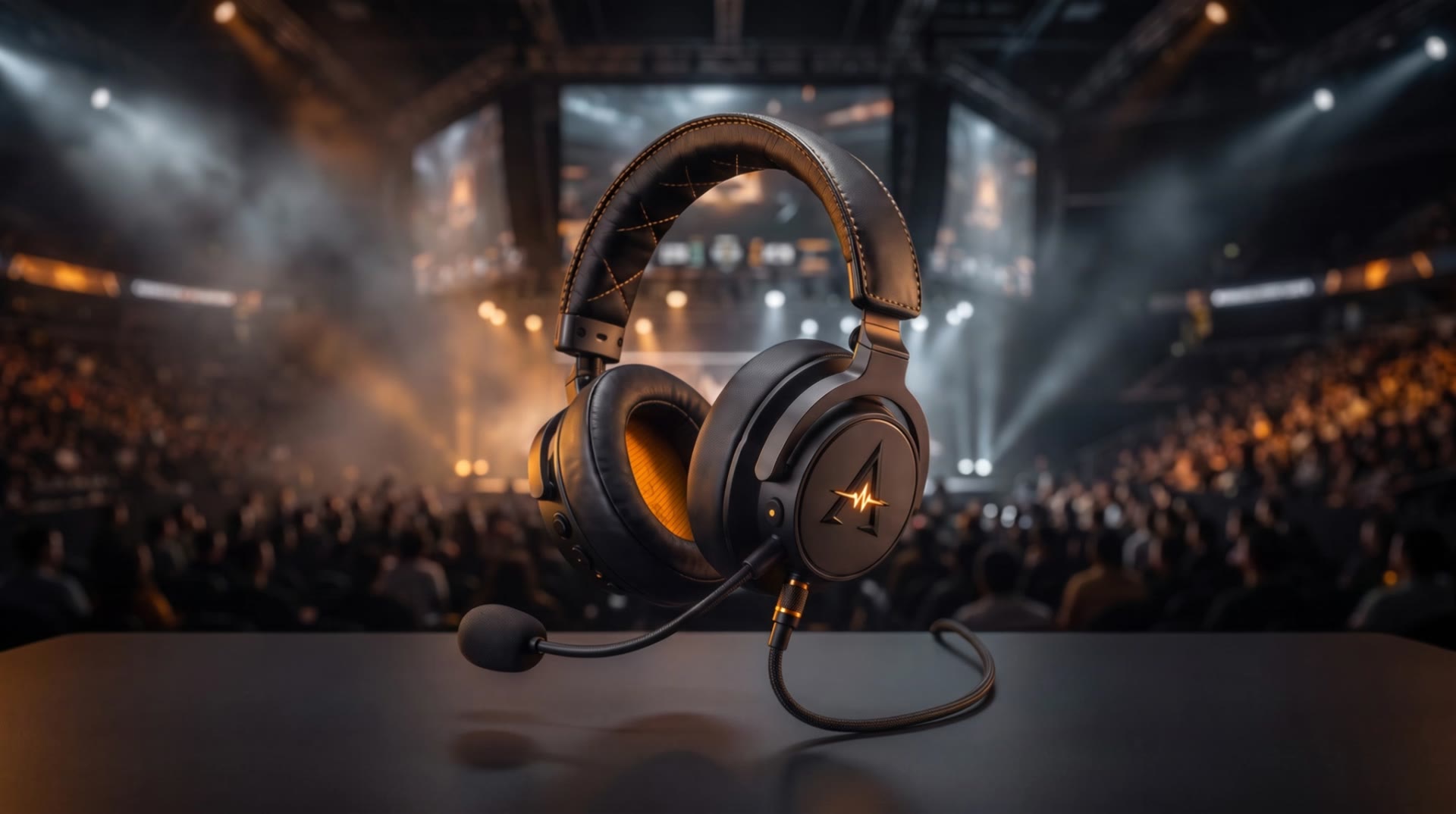 Lark H1 headset floating above a desk in a dark esports arena